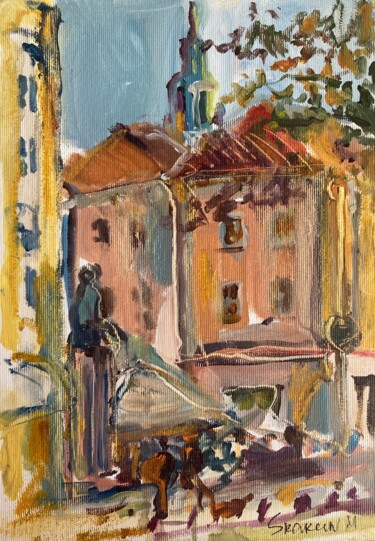 Painting titled "POLAND OLD TOWN STR…" by Mari Skakun, Original Artwork, Oil Mounted on Cardboard