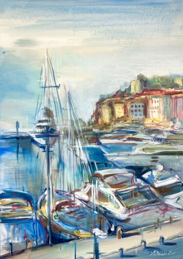 Painting titled "Port de Nice" by Mari Skakun, Original Artwork, Oil Mounted on Wood Stretcher frame