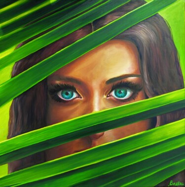 Peinture intitulée "BIG GREEN EYES" par Maria Baskal, Œuvre d'art originale, Huile Monté sur Châssis en bois