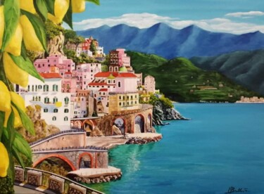 Painting titled "Amalfi Coast" by Maria Brillante, Original Artwork, Acrylic Mounted on Wood Stretcher frame