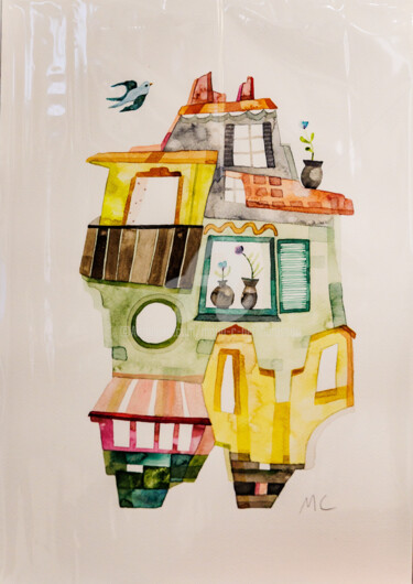 Painting titled "Sunshine House (Ant…" by Maria C. Bernhardsson, Original Artwork, Watercolor Mounted on Cardboard