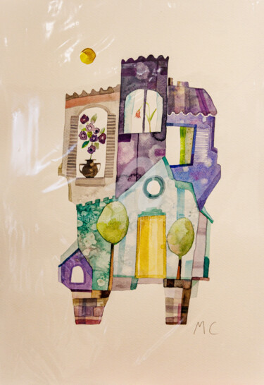 Schilderij getiteld "Maison Violette" door Maria C. Bernhardsson, Origineel Kunstwerk, Aquarel Gemonteerd op Karton