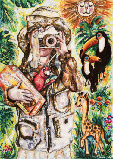 Dessin intitulée "Savane, l'explorati…" par Maria Cielo, Œuvre d'art originale, Crayon