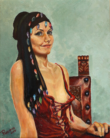 Pittura intitolato "Il corsetto rosso" da Maria Cristina Primavera, Opera d'arte originale, Olio Montato su Pannello di legno