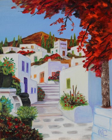 Painting titled "Rue d'un village gr…" by Marie Cutillas, Original Artwork, Oil