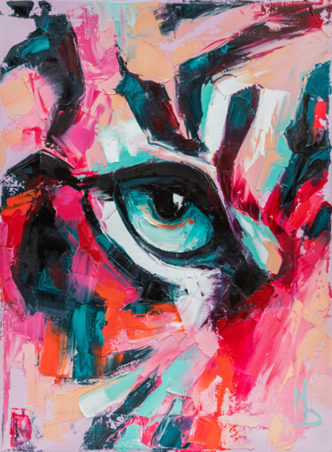 Painting titled ""Pink tiger eye"" by Mari Dein, Original Artwork, Oil Mounted on Wood Stretcher frame