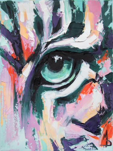 Painting titled "tiger eye green" by Mari Dein, Original Artwork, Oil Mounted on Wood Stretcher frame