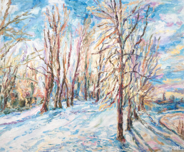 Painting titled "Show winter road Pa…" by Maria Delendik, Original Artwork, Oil Mounted on Wood Stretcher frame