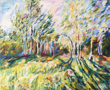 Painting titled "Birch tree summer l…" by Maria Delendik, Original Artwork, Oil