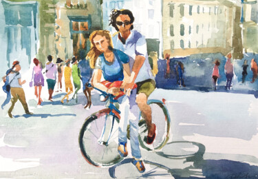 Painting titled "A walk on the bike…" by Maria Delendik, Original Artwork, Watercolor