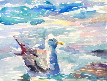 Pintura intitulada "Seagull animal wate…" por Maria Delendik, Obras de arte originais, Aquarela