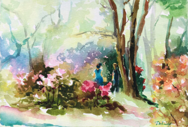 Painting titled "Garden flower water…" by Maria Delendik, Original Artwork, Watercolor