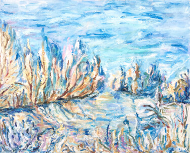 Pintura intitulada "Winter lake landsca…" por Maria Delendik, Obras de arte originais, Óleo