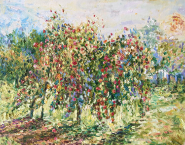 Painting titled "Apple garden painti…" by Maria Delendik, Original Artwork, Oil Mounted on Wood Stretcher frame