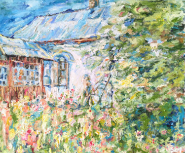 Painting titled "Summer white home p…" by Maria Delendik, Original Artwork, Oil