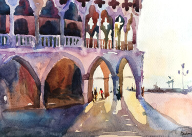 Painting titled "Morning on the squa…" by Maria Delendik, Original Artwork, Watercolor