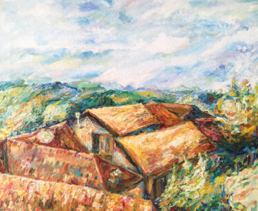 Картина под названием "Tuscany Tuscan roof…" - Maria Delendik, Подлинное произведение искусства, Масло Установлен на Деревян…