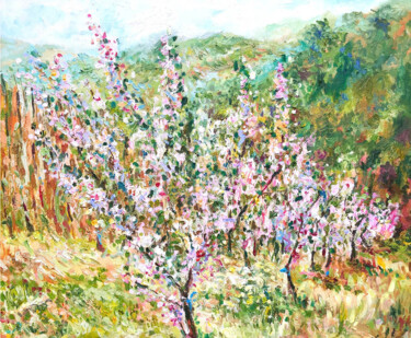 Painting titled "Cherry tree blossom…" by Maria Delendik, Original Artwork, Oil Mounted on Wood Stretcher frame