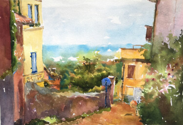 Painting titled "Old European street…" by Maria Delendik, Original Artwork, Watercolor