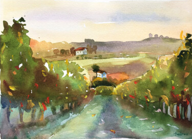 Painting titled "Tuscany vineyard pa…" by Maria Delendik, Original Artwork, Watercolor