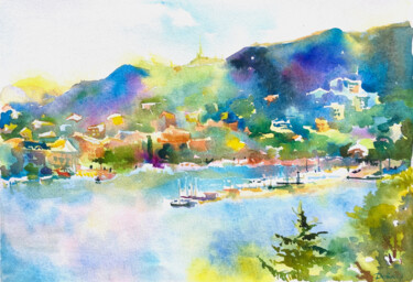 Pintura intitulada "Seaport view waterc…" por Maria Delendik, Obras de arte originais, Aquarela