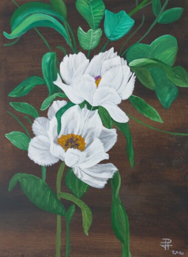 Painting titled "Blancas amapolas" by María Dolores Parada Cordal, Original Artwork, Acrylic Mounted on Wood Stretcher frame