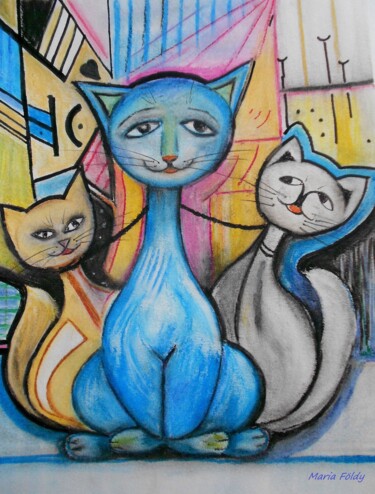 Peinture intitulée "Katzen-Familie" par Maria Földy, Œuvre d'art originale, Huile
