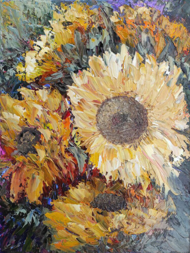 Painting titled "Sunflower's light" by Maria Galan, Original Artwork, Oil Mounted on Wood Stretcher frame