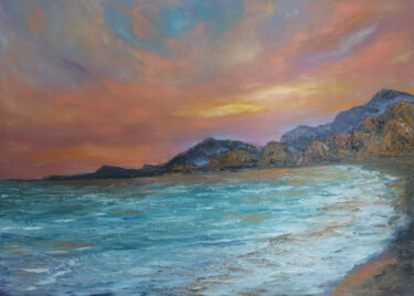 Painting titled "An evening by the s…" by Maria Galan, Original Artwork, Oil Mounted on Wood Stretcher frame