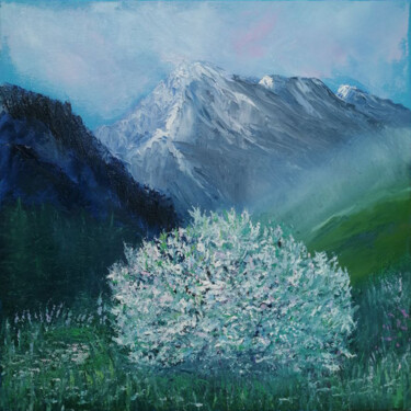Painting titled "Mountain dawn" by Maria Galan, Original Artwork, Oil Mounted on Wood Stretcher frame