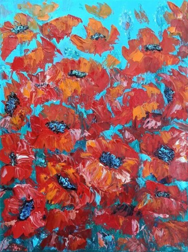 Painting titled "spring red" by Maria Galan, Original Artwork, Oil Mounted on Wood Stretcher frame