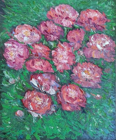 Painting titled "Peonies" by Maria Galan, Original Artwork, Oil Mounted on Wood Stretcher frame