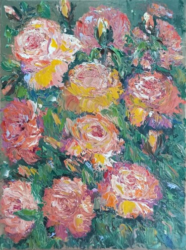 Painting titled "Roses" by Maria Galan, Original Artwork, Oil Mounted on Wood Stretcher frame