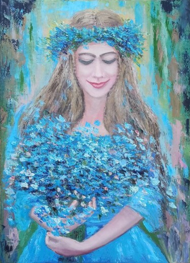 Painting titled "Celeste" by Maria Galan, Original Artwork, Oil Mounted on Wood Stretcher frame