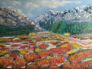Painting titled "Mountain Landscape" by Maria Galan, Original Artwork, Oil Mounted on Wood Stretcher frame