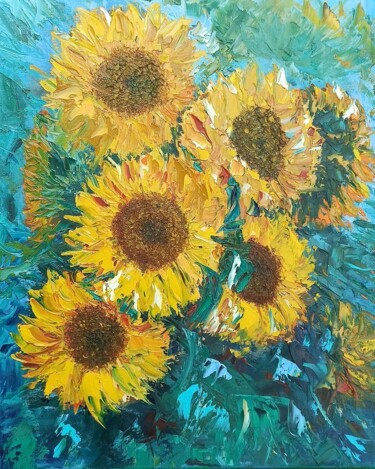 Painting titled "Sunflowers" by Maria Galan, Original Artwork, Oil Mounted on Wood Stretcher frame