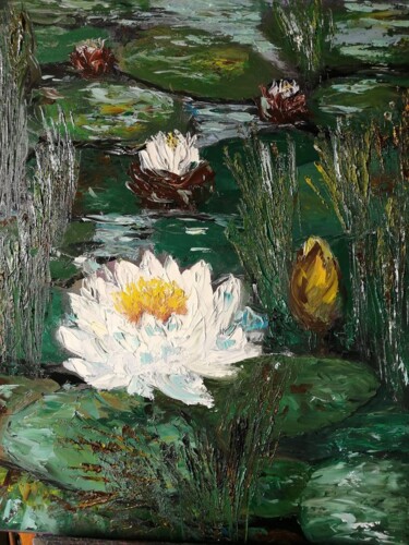 Painting titled "White water lily" by Maria Galan, Original Artwork, Oil Mounted on Wood Stretcher frame