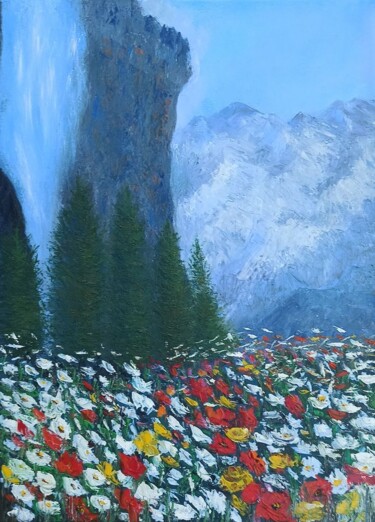 Painting titled "At the foot of the…" by Maria Galan, Original Artwork, Oil Mounted on Wood Stretcher frame