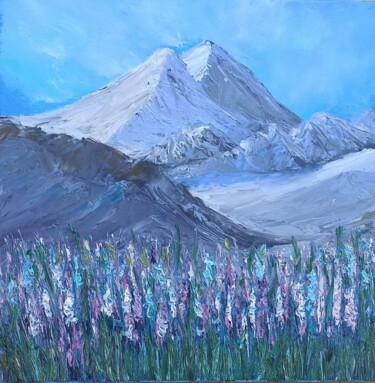 Painting titled "Mountain peaks" by Maria Galan, Original Artwork, Oil Mounted on Wood Stretcher frame