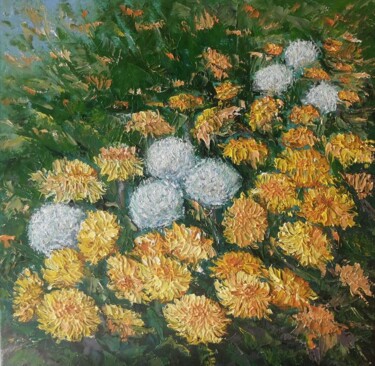 Ζωγραφική με τίτλο "Flowery meadow" από Maria Galan, Αυθεντικά έργα τέχνης, Λάδι Τοποθετήθηκε στο Ξύλινο φορείο σκελετό