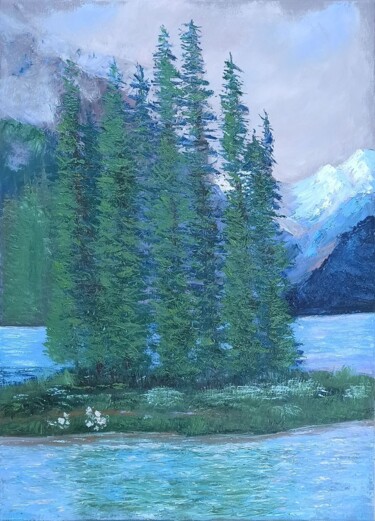 Painting titled "Mountain peace" by Maria Galan, Original Artwork, Oil Mounted on Wood Stretcher frame