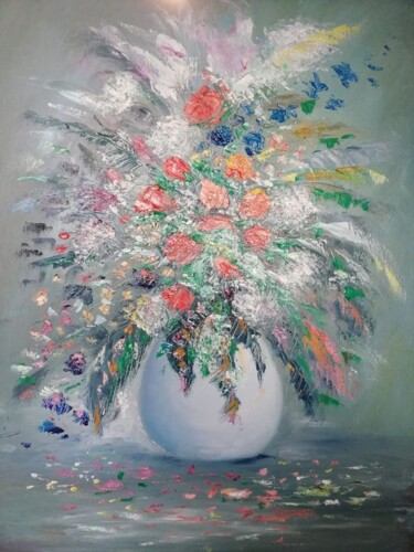 Painting titled "Fantasia floreale" by Maria Galan, Original Artwork, Oil Mounted on Wood Stretcher frame