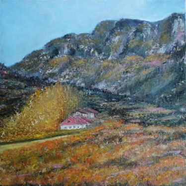 Painting titled "Rural autumn" by Maria Galan, Original Artwork, Oil Mounted on Wood Stretcher frame