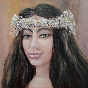 Painting titled "The girl with the f…" by Maria Galan, Original Artwork, Oil Mounted on Wood Stretcher frame