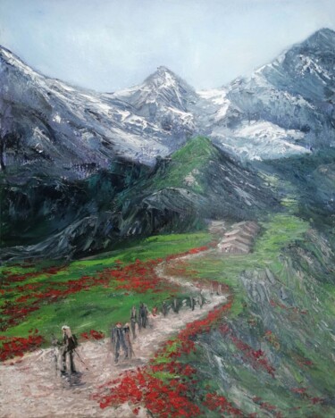 Painting titled "Mountain Lovers" by Maria Galan, Original Artwork, Oil Mounted on Wood Stretcher frame