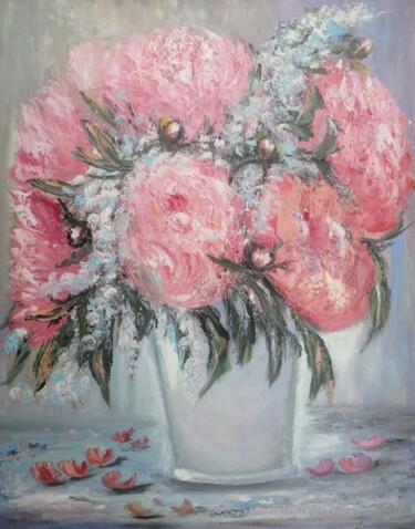 Painting titled "Summer Bouquet" by Maria Galan, Original Artwork, Oil Mounted on Wood Stretcher frame