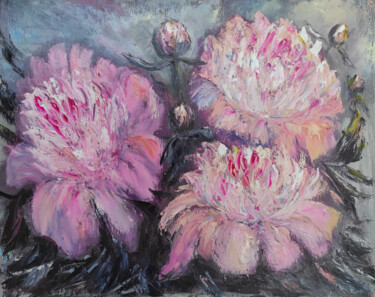 Painting titled "Peonies, thornless…" by Maria Galan, Original Artwork, Oil Mounted on Wood Stretcher frame