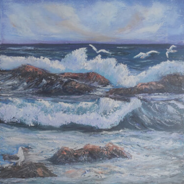 Painting titled "Seagull landscape" by Maria Galan, Original Artwork, Oil Mounted on Wood Stretcher frame