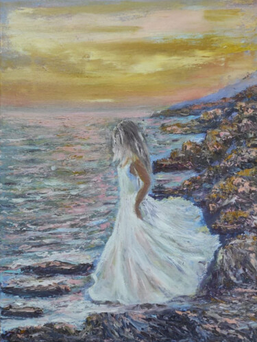 Painting titled "Romantic" by Maria Galan, Original Artwork, Oil Mounted on Wood Stretcher frame