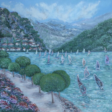 Painting titled "Lake Garda, a corne…" by Maria Galan, Original Artwork, Oil Mounted on Wood Stretcher frame